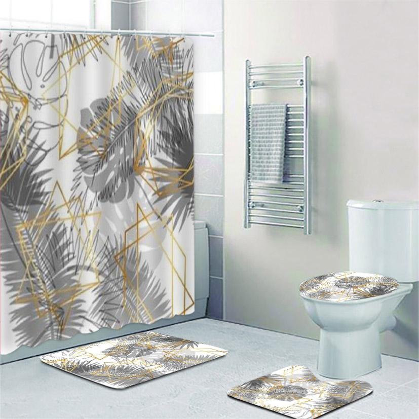 Black And Gold Tropical Plant Palm Leaf Bathroom Shower Curtain Set For Bathtub Exotic Leaves Bath Mats Rugs Toilet Home Decor