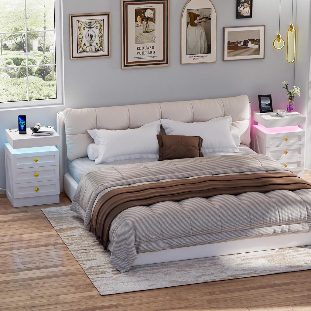 Bedside table, three drawers, with charging station, 2 AC power outlets/2 USB ports, European standard plug, white.