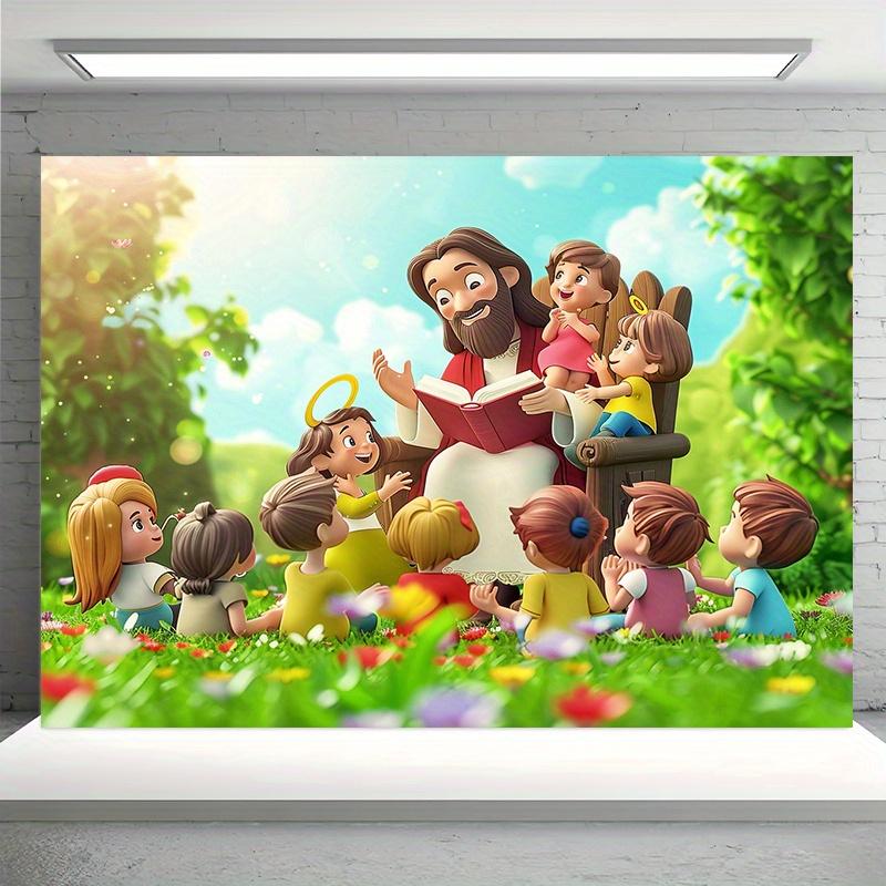 1 cartoon banner with a background of Jesus and children - a bright 2D polyester religious party decoration, studio prop