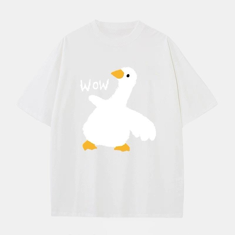 ZAZOMDE 2026 New Retro Doodle Animal T Shirt Fluffy White Goose with Wow Slogan Graphic Print Casual Hip Hop Oversized Tops