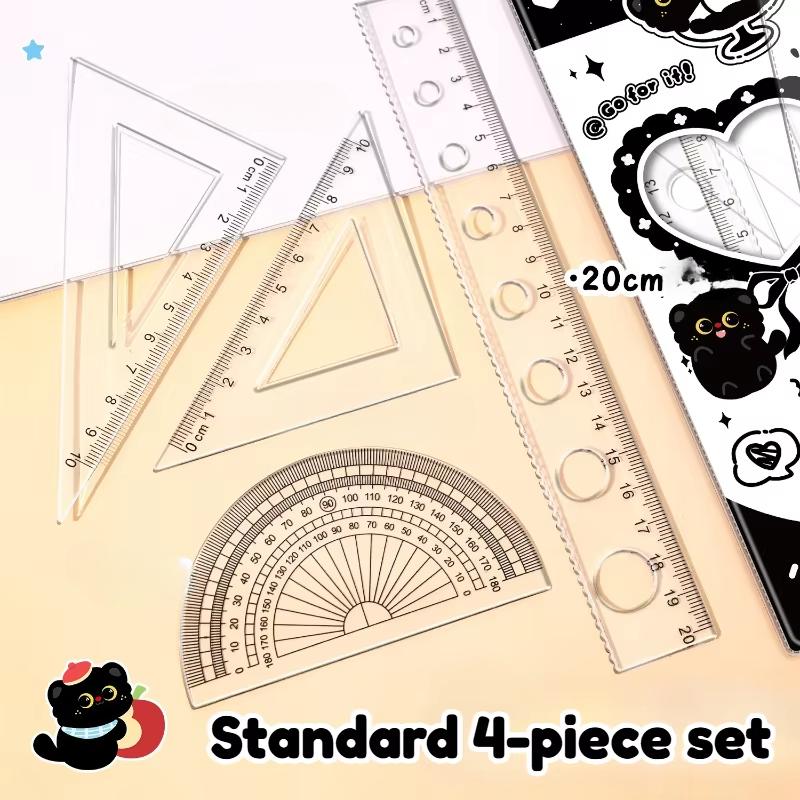 4PCS Set Transparent Plastic Rulers Straight Rulers Protractors Set Square Kawaii School Stationery Kid Math Stationery