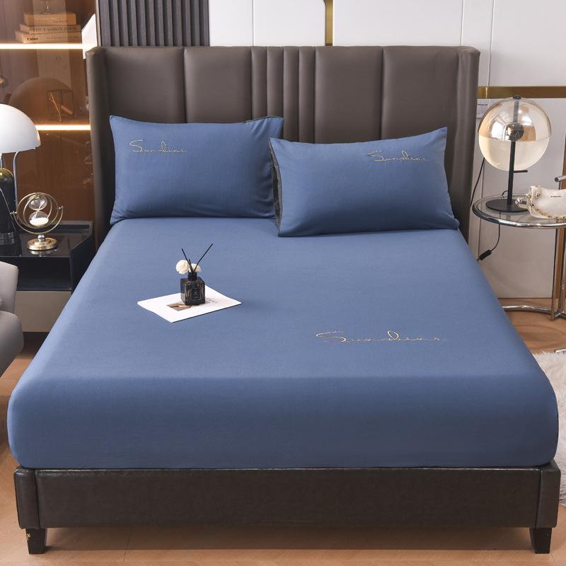 New Light Luxury Embroidered Single Fitted Sheet Solid Color Fitted Sheet Non-slip Washed Cotton Bed Cover Seat