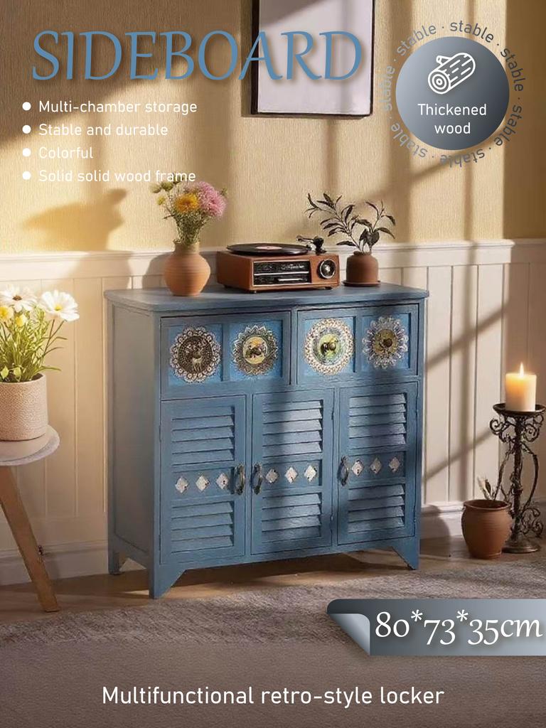 Retro-Style Solid Wood Sideboard (807335cm) - Multichamber Storage Cabinet with Colorful Decorative Panels