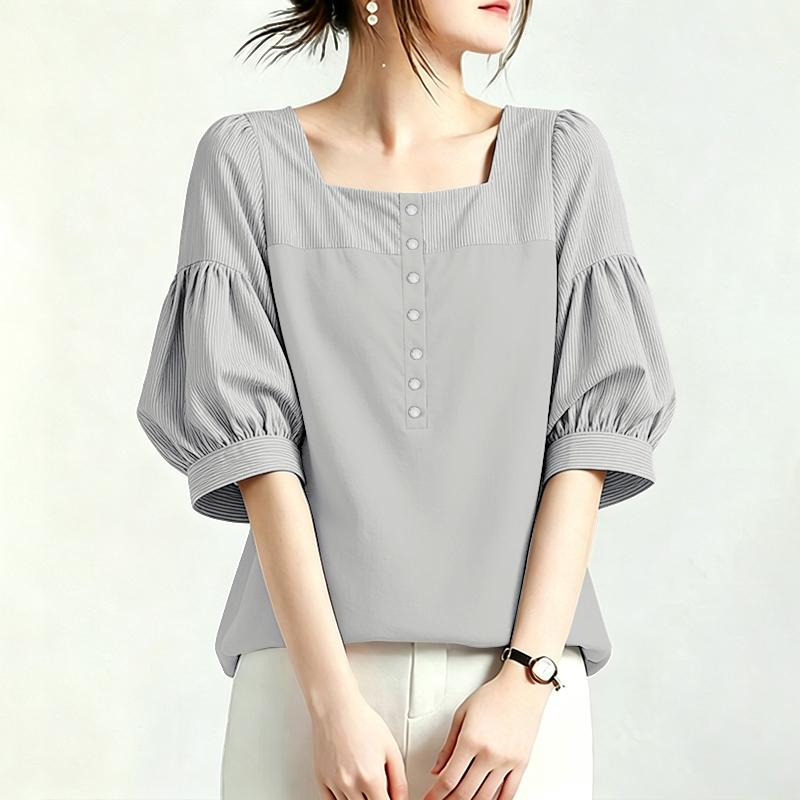 ZANZEA Women Square Collar Casual Stripe Splice Half Sleeve Blouse S серый