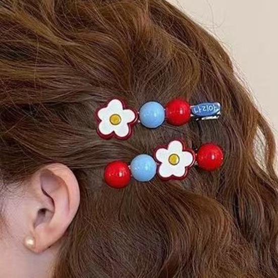 2Pcs Girl Hairpin Non-Slip Floral Design Hand-Painted Flowers Round Beads Side Bang Hair Clips Commuting Style Hair Accessories