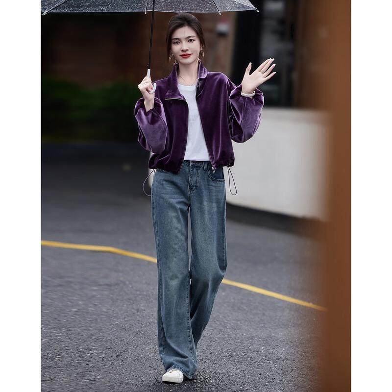 Demana Women's Elegant Velvet Stand Collar Jacket