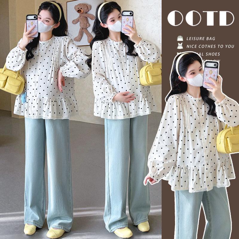 2026 Spring Maternity Polka Dot Lace Doll Shirt - New Arrival, Loose Fit 2XL