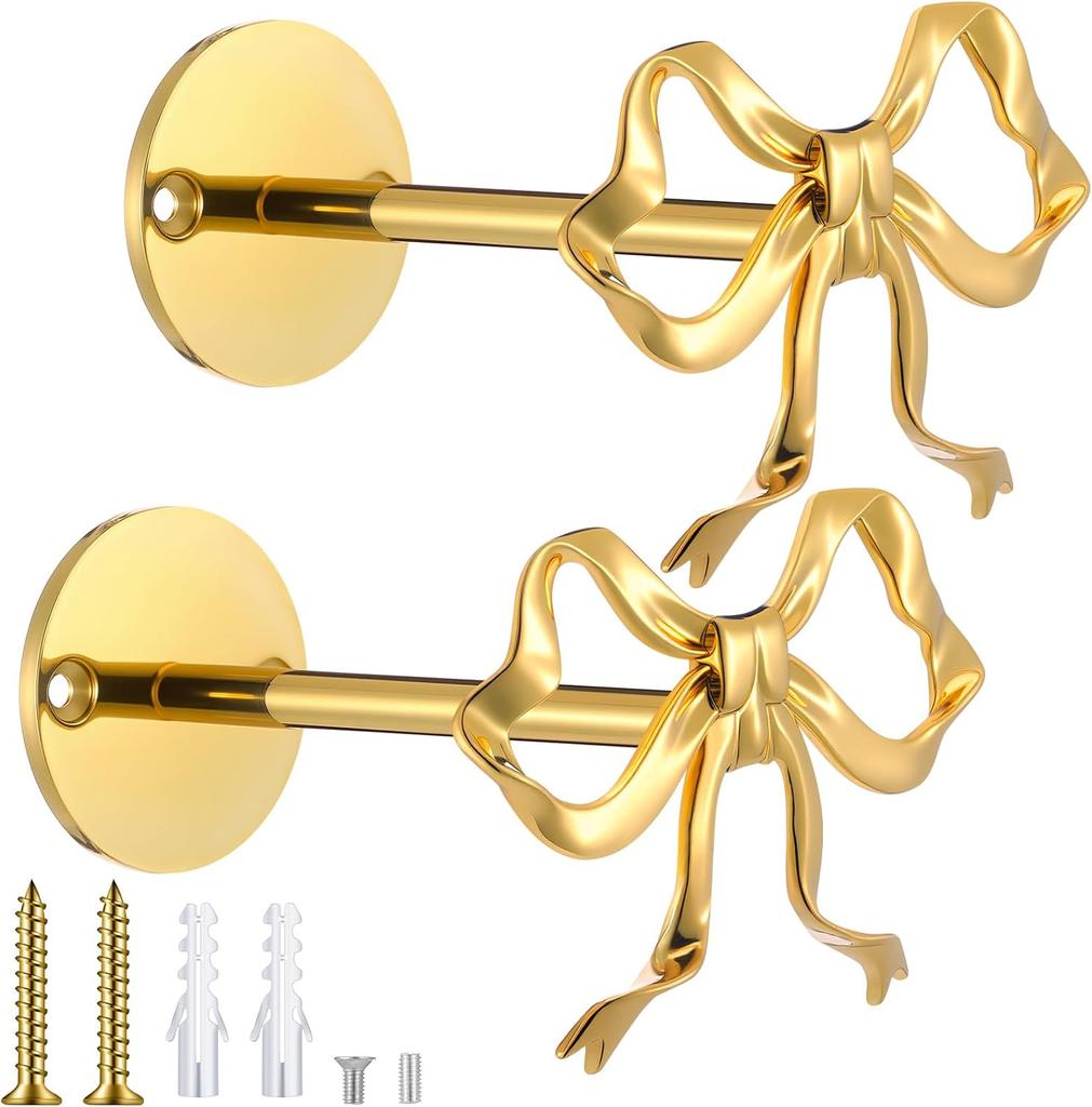 2 Pcs Metal Bow Curtain Holdbacks Gold Wall Mounted Bow Curtain Hold Backs Curtains Modern Gold Holders for Living Room Bedroom Office Home