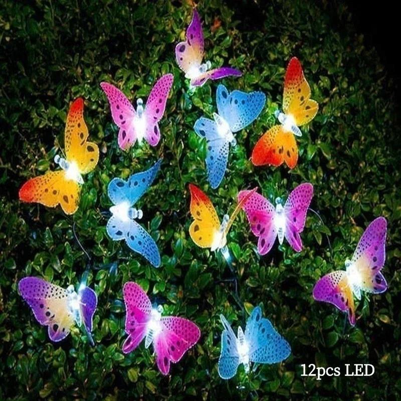 12 LED Solar Fiber Optic Butterfly Light String Garden Decoration Outdoor Light String