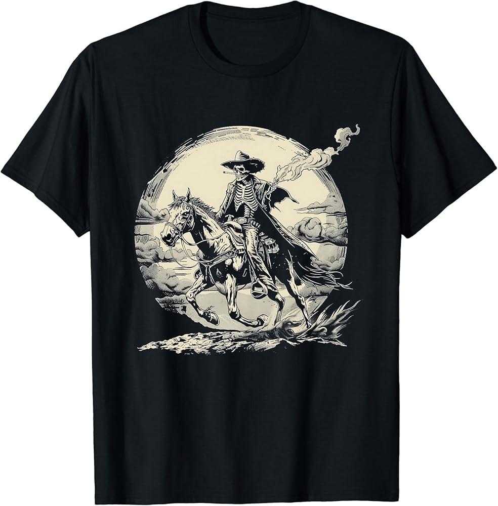 Skeleton Horse Rider Western Graphic Tee Cowboy Rodeo Saloon TShirt Unisex T-Shirt L