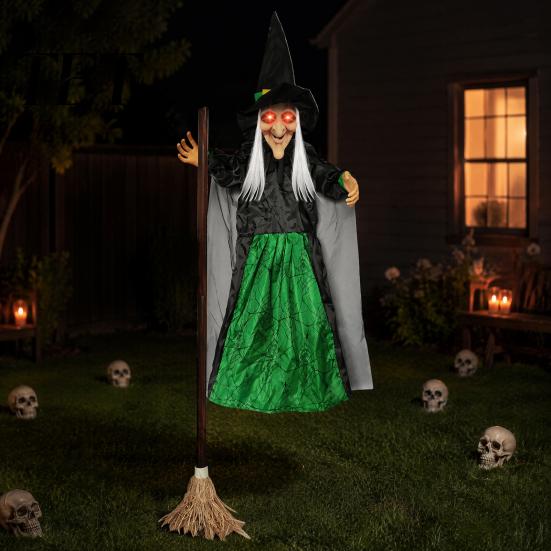 Haunted House Thrilling Surprises 180cm Halloween Props, Flying Witch Decoration with Scary Sounds & Lights, Outdoor Hanging Decor for Garden