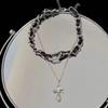 Punk Exquisite Shiny Zircon Hollowed-out Cross Pendant Double-layered Black Rope Metal Chain Winding Necklace for Women Jewelry