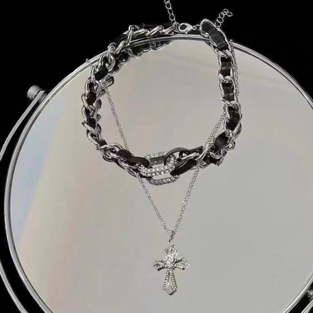 Punk Exquisite Shiny Zircon Hollowed-out Cross Pendant Double-layered Black Rope Metal Chain Winding Necklace for Women Jewelry