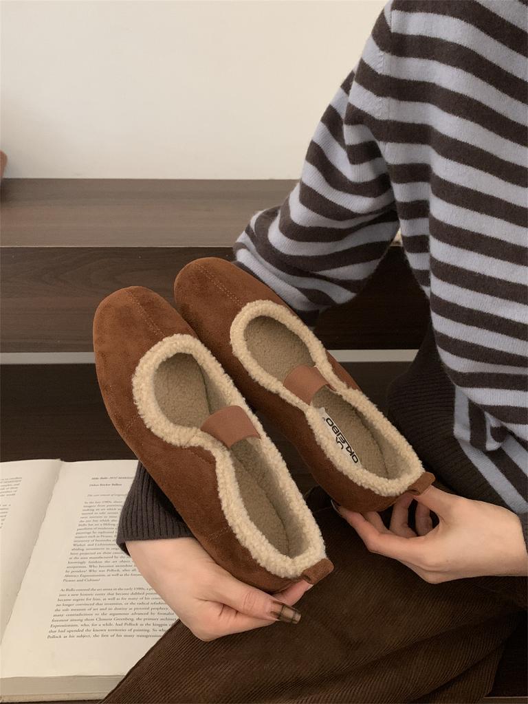 French Retro Evening Shoes Mary Jane Shoes Velvet Warm Lamb Wool Beanie Single Shoes Flat Brown Fluff Shoes