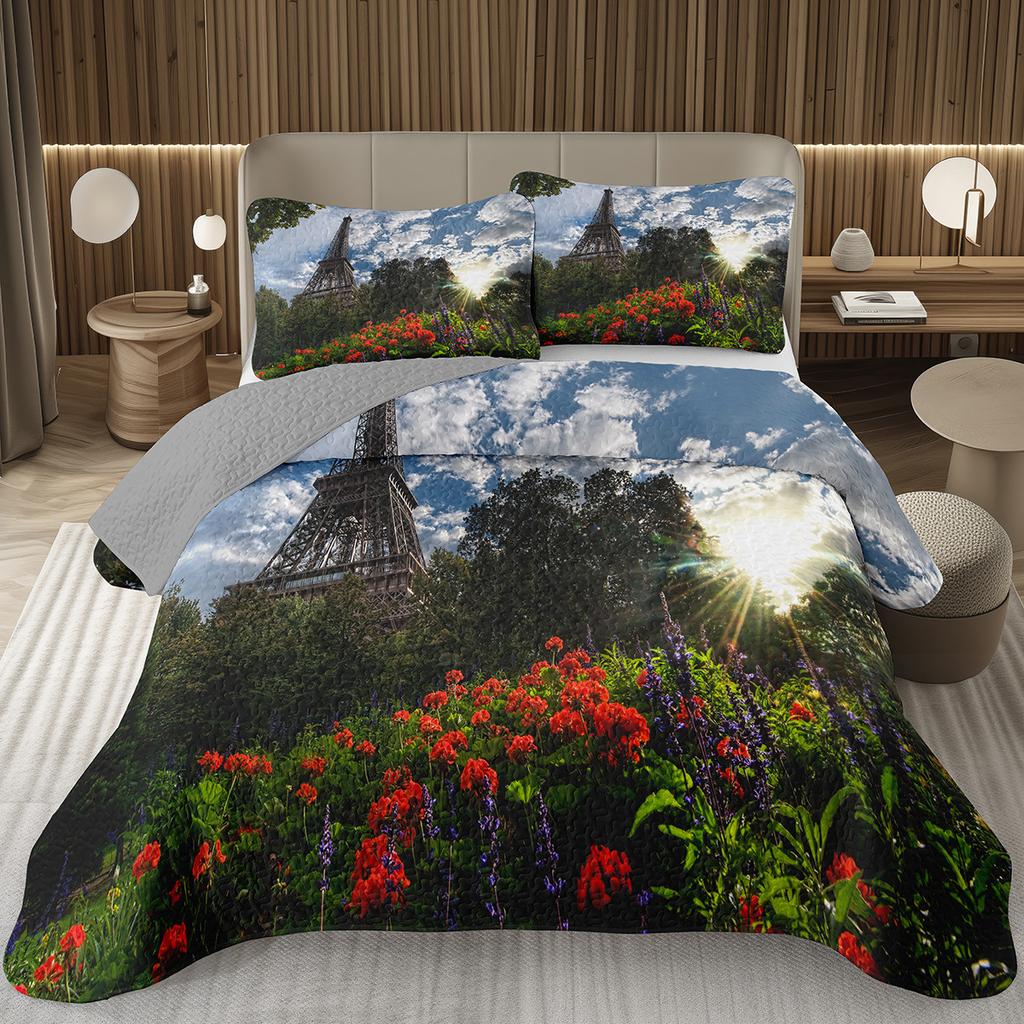 Eiffelturm Tagesdecke Vintage Paris Stadtlandschaft Quilt-Set Doppel-/Queen-Größe, Weiche Leichte Wendbare Tagesdecke für Mädchen Frauen