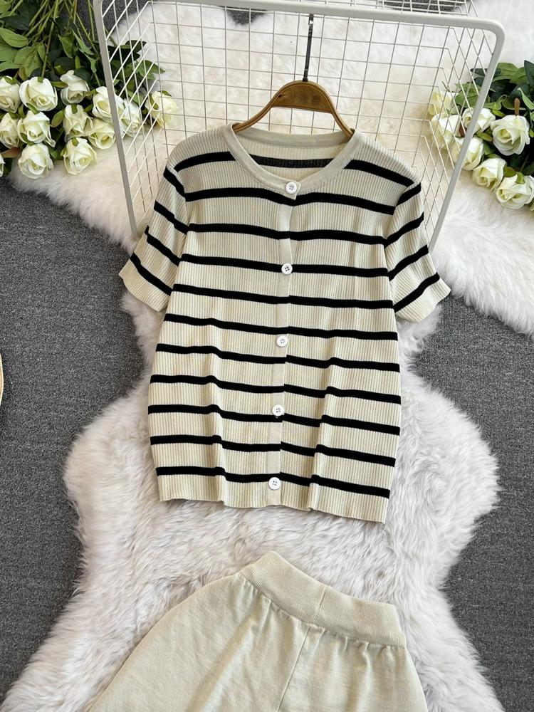 Summer Women Casual Knitted Sweater Pant Set Single Breasted Striped Tops and Shorts Chic Student Two Piece Suit