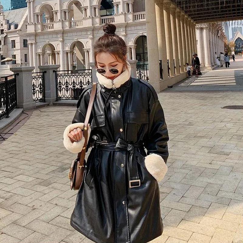 Wintermode Coole Lederjacke Lady Mittellange lockere Baumwolljacke Plus Baumwolle Dickere Motorrad PU-Lederjacke Hübsche Jacke WarmParka Mantel