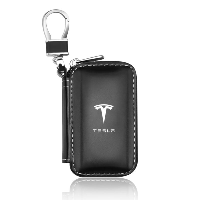1Pcs Leather Car Emblem Key Case Keychain Zipper Key Case Bag For Tesla Model S Model X Model Y Model 3 Roadster SpaceX Accessory