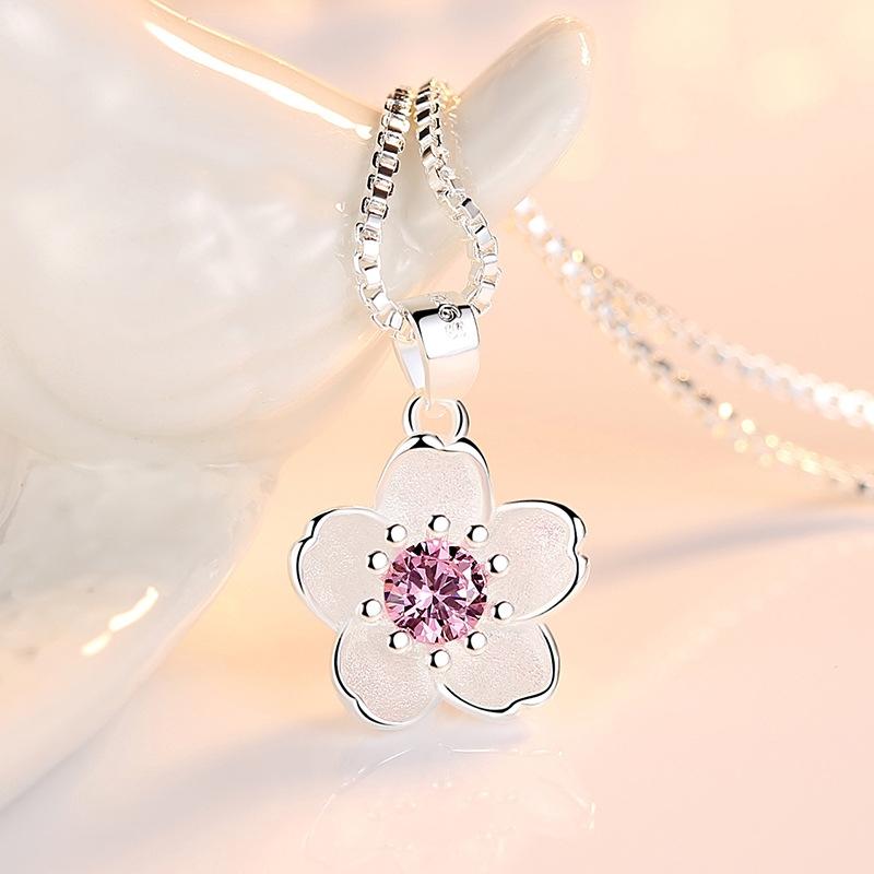 925 Sterling Silber Mode Kirschblüte Damen Anhänger Halsketten weibliche Kette Schmuck