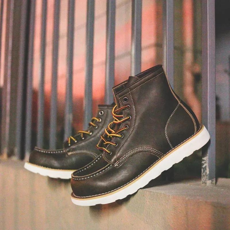 Fashion Genuine Leather Men's Boots Vintage Tooling Boots Women Lovers' Short Boots Woman  Rhubarb Boots Men's Shoes