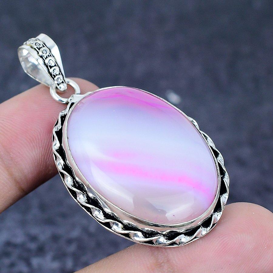 Natural Pink Lace Agate Gemstone 925 Sterling Silver Jewelry Pendant 2.05" N9b88