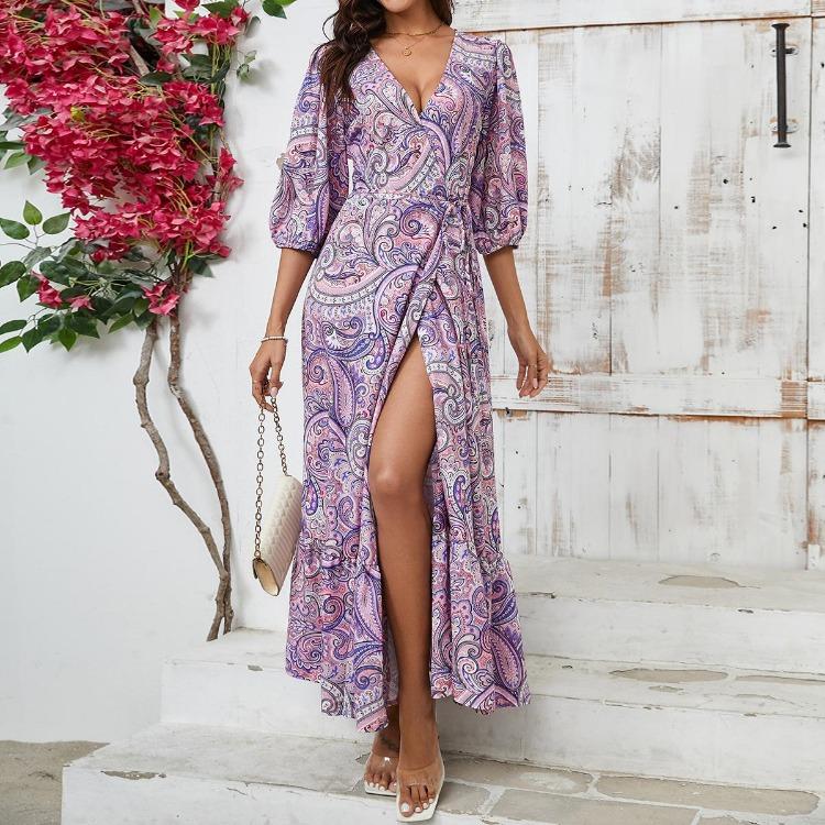 Women Summer Dress Casual A-Line Floral Print High Waist V-Neck Short Bubble Sleeve Ankle-Length Straps Slit Spring
