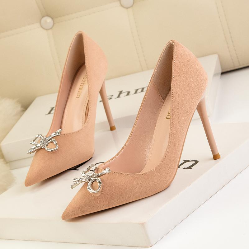 Fashion Black Suede Cloth High Heels Shoes Woman Basic Pumps 2025 Bowknot Crystal Diamond Buckle Fashion Party Sexy Women Shoes Pumps