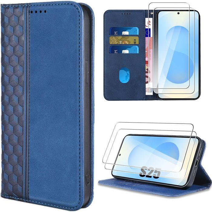 Coque de protection - BOOLING - pour Samsung Galaxy S25 - Cuir synthétique - Motif mosaïque - 2 verres trempés