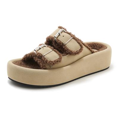 Woman Solid Color Faux Wool Thick Heel Flat Shoes Lady Winter Indoor Open Toe Slippers 2024 Autumn Round Head Flatform Slippers