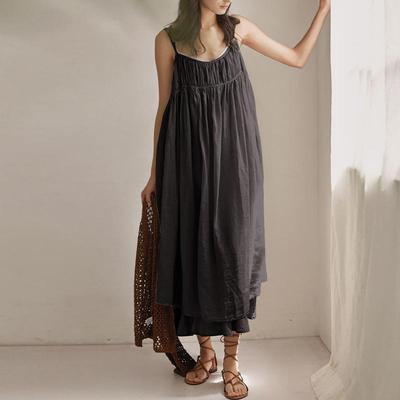 Summer Spaghetti Strap Dresses Simple Solid Color Fold All Match Cotton Backless Loose Women Dress