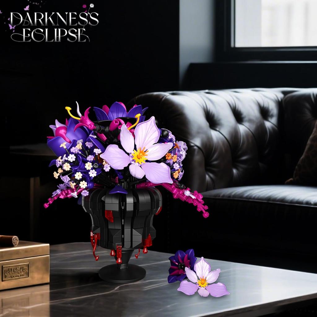 Purple Flowers Building Set, Rose Bouquet Black Compatible with Lego Botanical Collection Gothic for Adults Women Home Office Decor