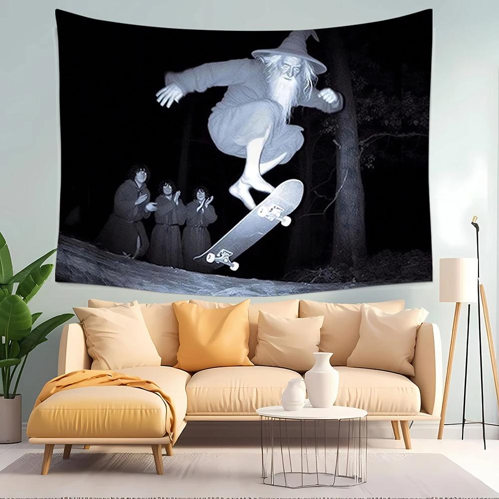 VIKAMA Trippy Wizard Skateboarding Tapestry Funny Meme Wall Hanging for Bedroom Game Room Humor Decor