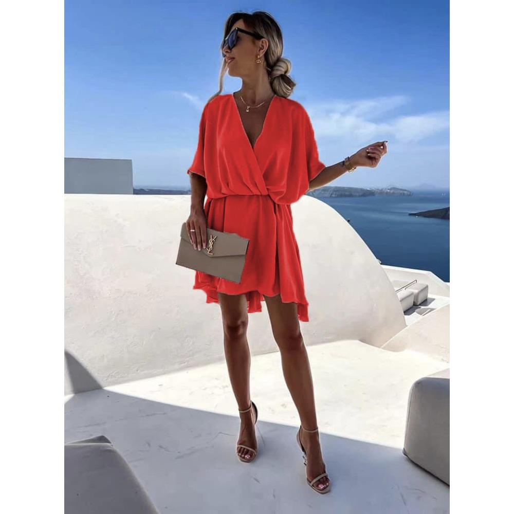 women s V Neck Wrap Front Batwing Sleeve Elastic Waist Summer Mini Dress S красный