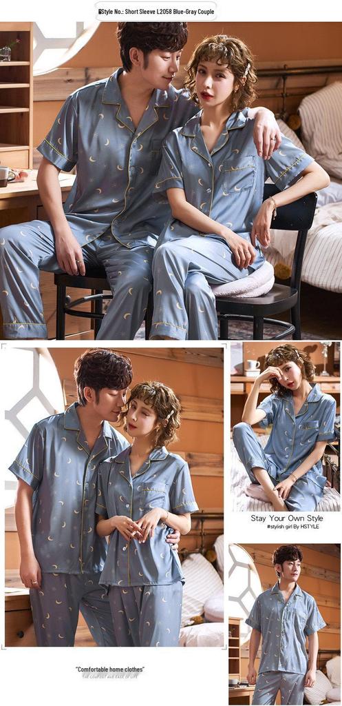 Summer Red Pajama Set for Couples: Ice Silk Zodiac Short Sleeve & Long Pants