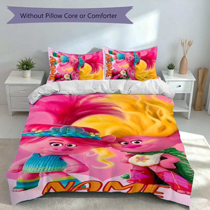 3pcs Custom Name Trolls Bedding Set,Includes 1 Duvet Cover and 2 Pillowcases,All-season Bedroom Decor