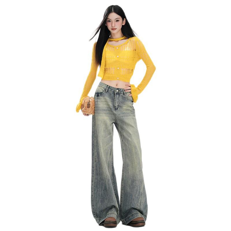 Women's Retro Micro-Flare Jeans - American Style, Loose Fit, Floor-Length, Autumn/Winter Collection