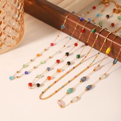 Dopamine Colorful Beaded Natural Stone Round Bead Collarbone Necklace For Women