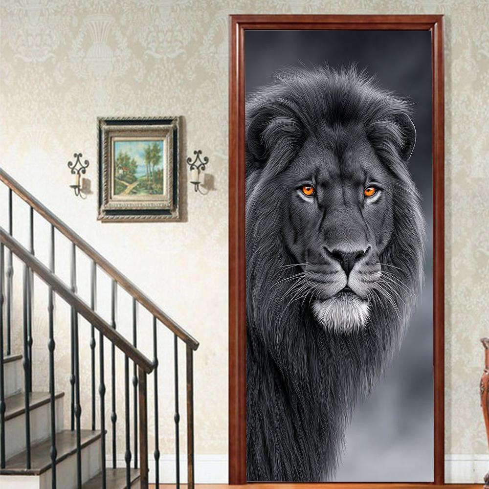 Pegatinas para puerta con diseño de león, realistas, despegables y pegables, para niños, decoración estética para sala de estar.