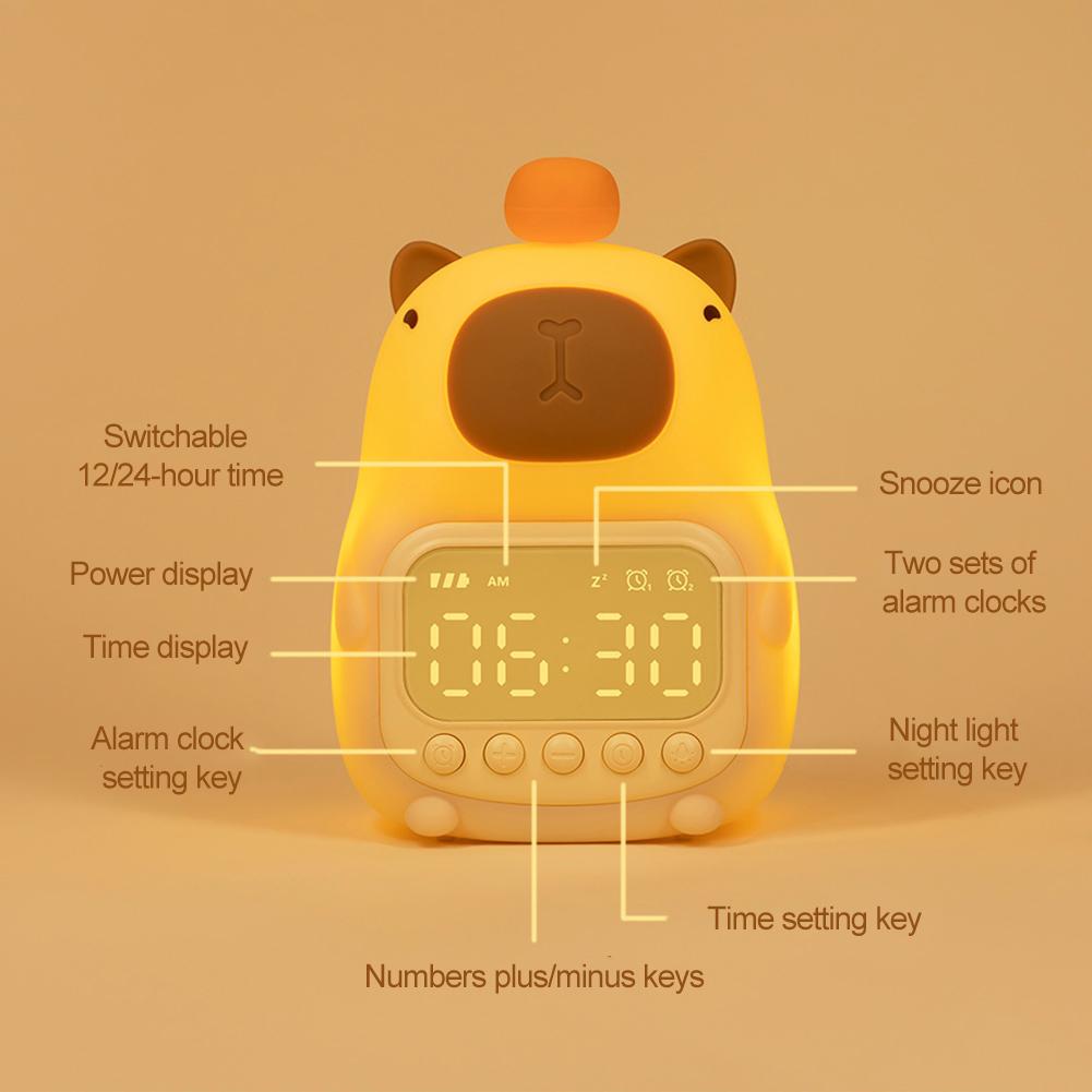 Capybara Led Night Light Silicone Rechargeable Digital Alarm Clock Dimmable Table Lamp Timing USB Charge Children Birthday Gift