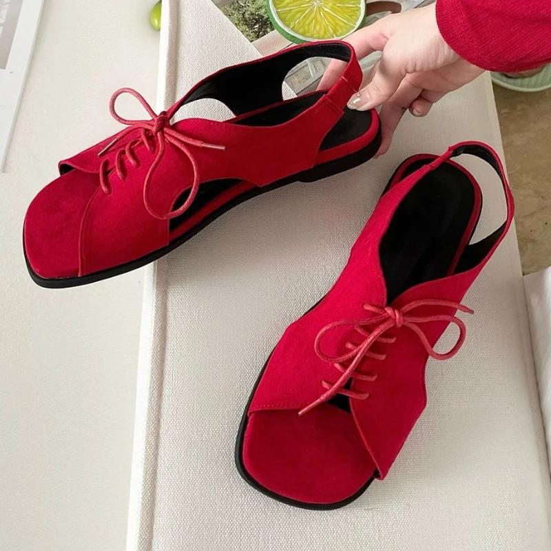 Fashion Retro Roman Style Flat Sandals Women Brown Faux Suede Lace Up Designer Shoes Comfort Open Toe Soft Sole Beach Shoe Zapatos Mujer