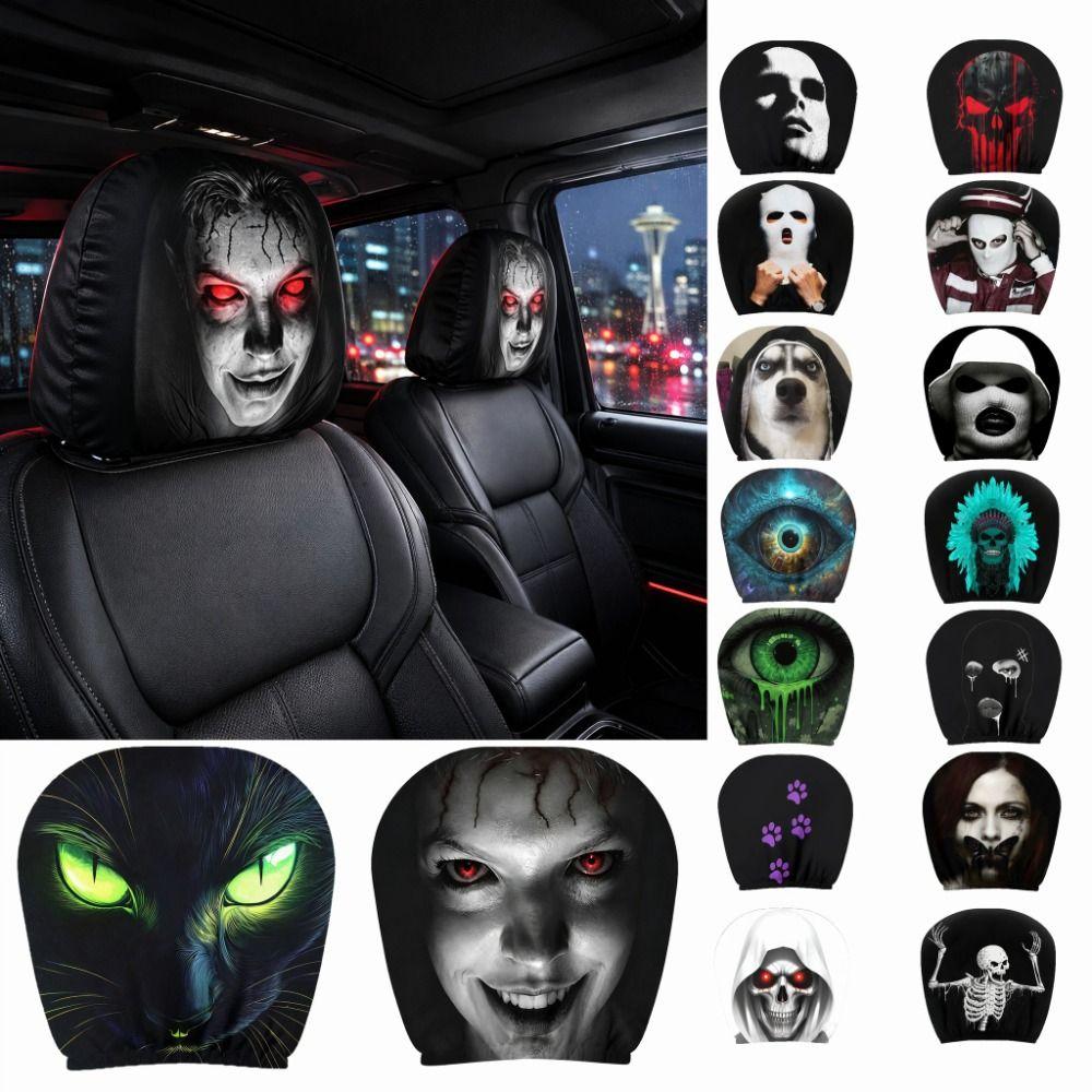 2 Pcs 2D Stretch Car Headrest Covers Ghost Neck Pillowcase Car Interior Decor  All Seasons