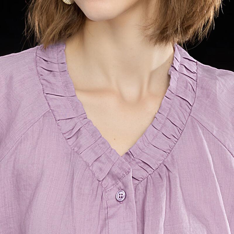 Wudao Summer Tencel Ramie French V-Neck Pleated Shirt