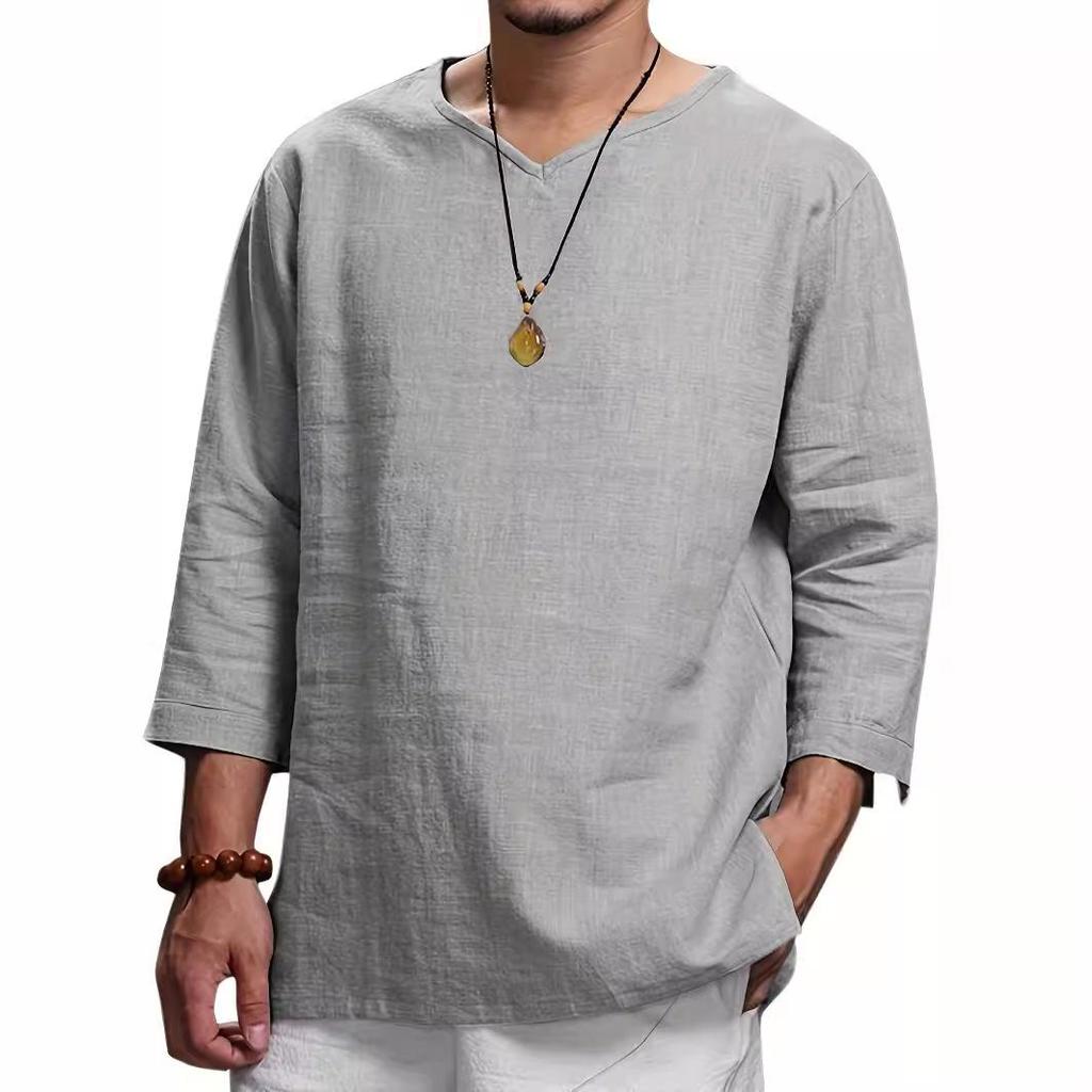 Men's Spring 2026 V-Neck Long Sleeve Linen-Cotton Casual Shirt