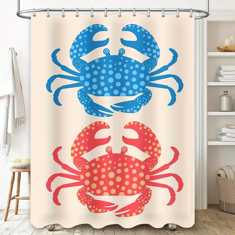 Bathroom Decor Shower Curtain Modern Blue Red Crab Print, Waterproof Fabric, Suitable for Kids Bathrooms