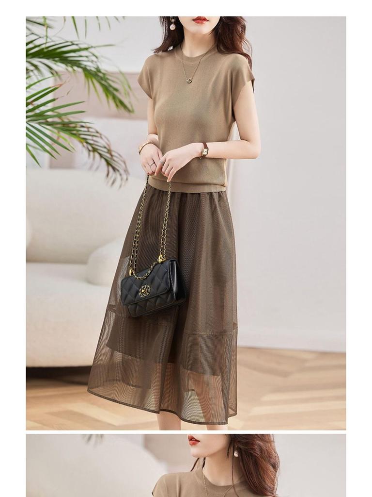 2024 Summer Women's Slim Organza Dress: Ice Silk Knit Waist Two-Piece Set