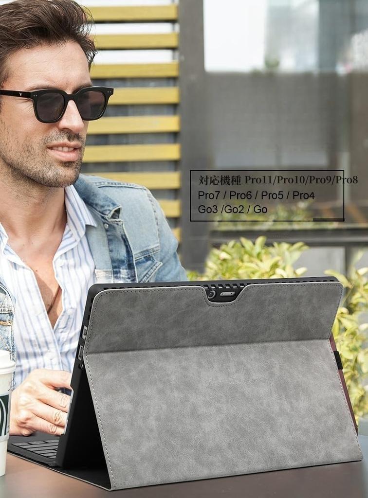 Surface Go Hülle mit Power-Ständer, Full Pen, Vintage Mattgrau, 4/3/2/1 Tasche, Funktion, Stoßfest, Schutz, Aufbewahrung, Leicht, Schlank, Muster,