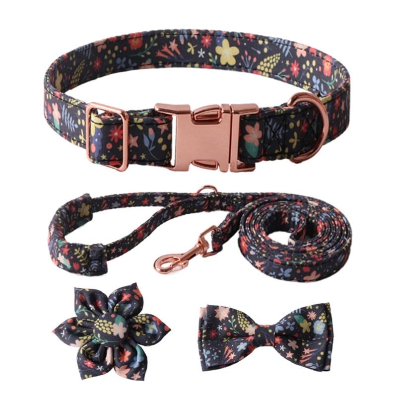 Fashion Dog Collar+Leash+Necktie Set Completes with Colorful Floral Print Bow Perfect for Pets Outstanding in the Crowd