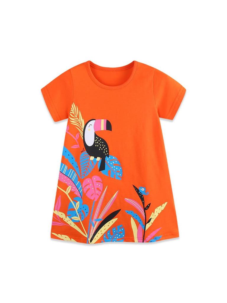 European Summer Knit Cotton Dress for Girls - Cartoon Print Princess Skirt