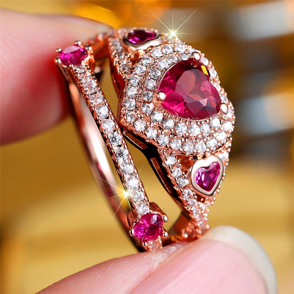Female White Red Zircon Stone Heart Engagement Ring Set Vintage Rose Gold Color Bridal Wedding Bands Party Jewelry For Women