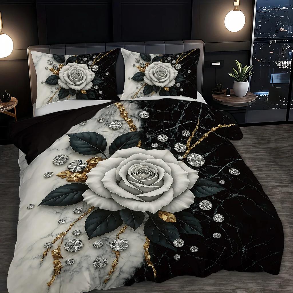 3pcs rose pattern bedding set, for women and adult's bedroom, 1*quilt cover+2*pillowcase, for single, queen bed